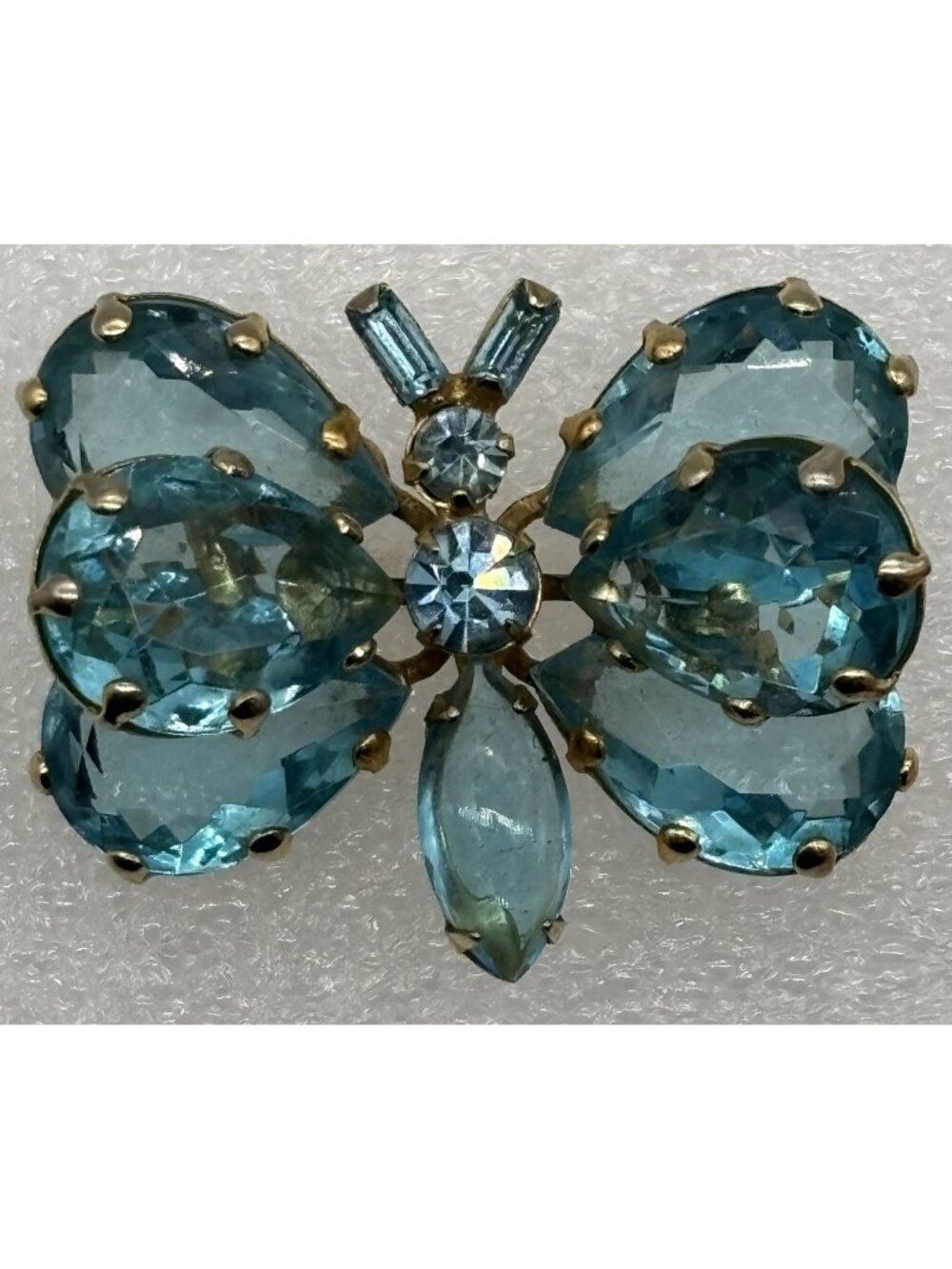 Vintage Butterfly Brooch Swiss Blue Prong Set Crystal Teardrop Marquise Unsigned